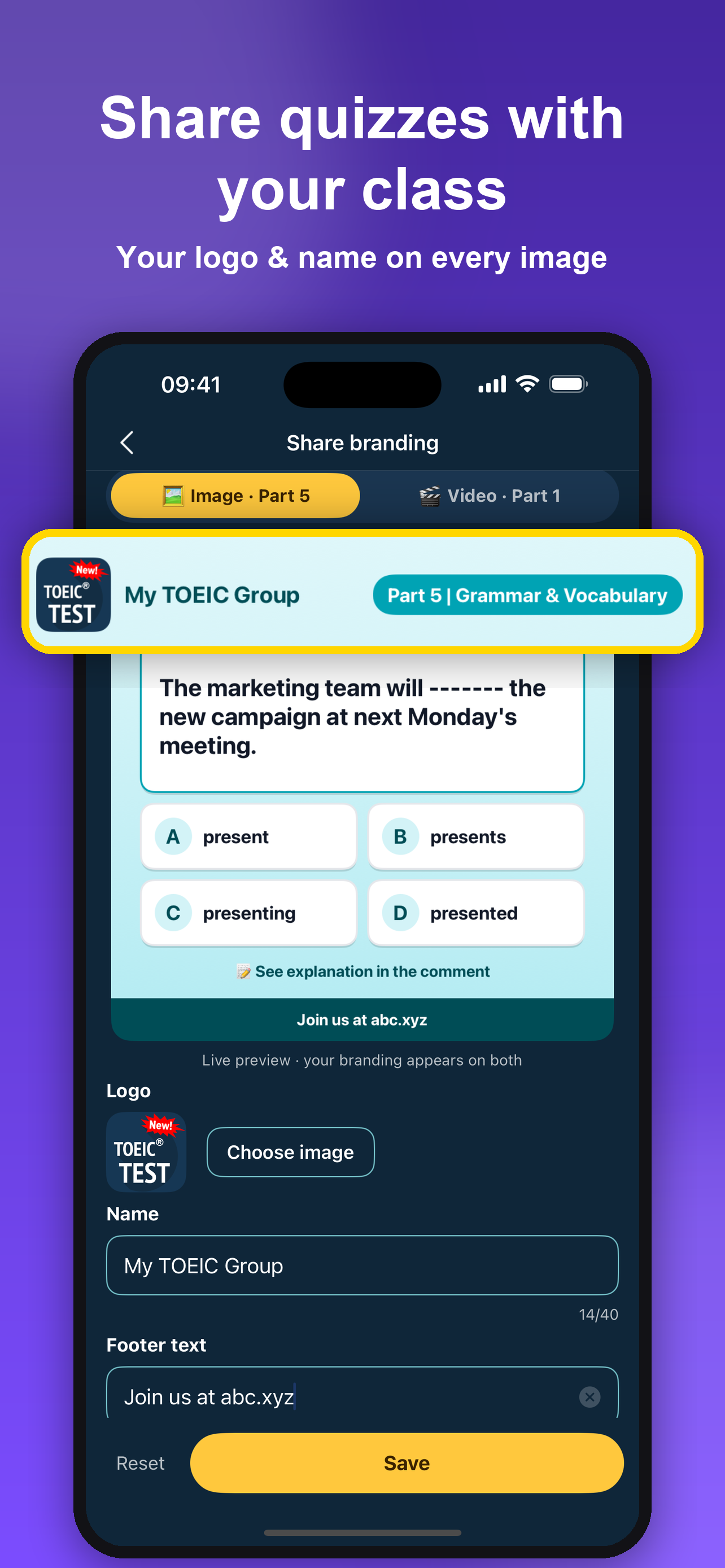 Share quizzes with your class